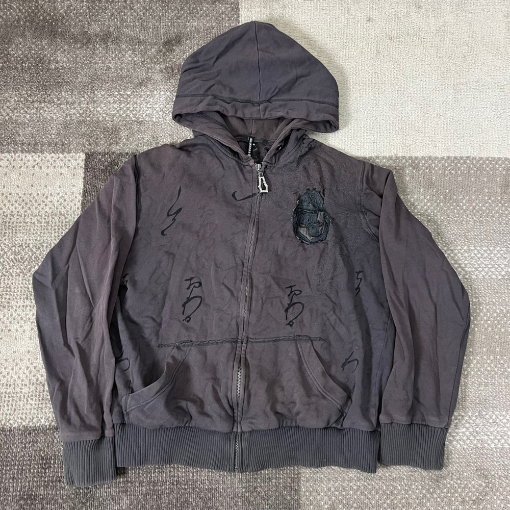 Y2K Monarchy Men Zip Up Hoodie Brown Embroidered Distressed L